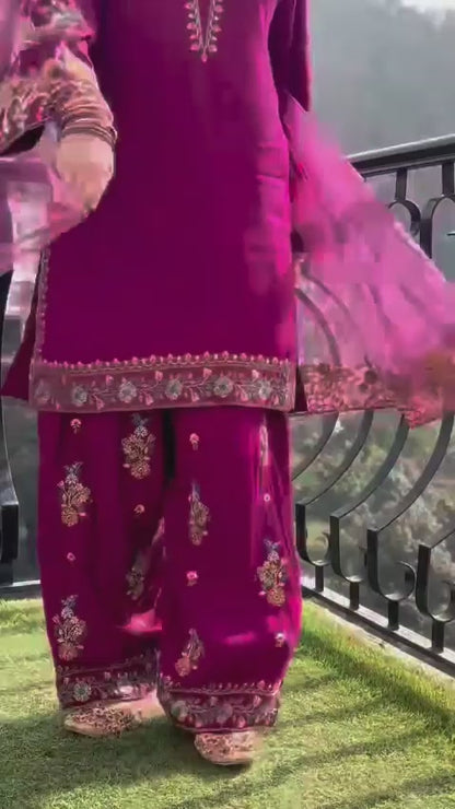 3-Piece Embroidered Silk Suit in Hot Pink Magenta with Fancy Dupatta | Bella's Creation