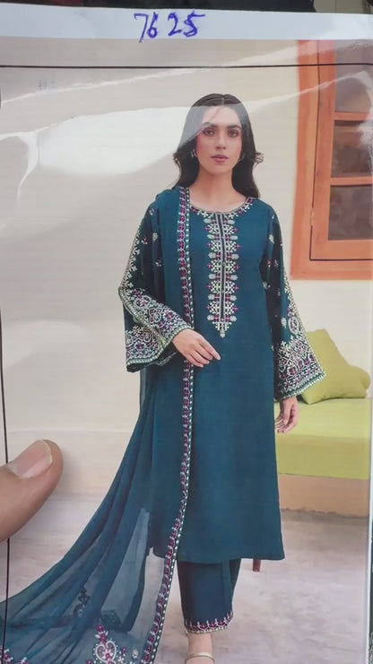 Batik Winter Collection BK-7625 – 3PC Embroidered Dhanak Suit (Teal Blue)