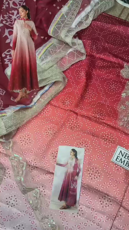3-Piece Digital Printed Silk Suit with Embroidered Patches & Chiffon Dupatta | Bella's Creation