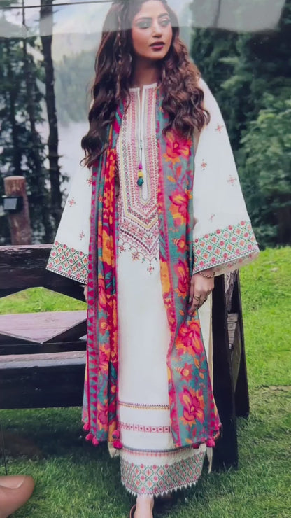 SAPHIRE 7600 Premium Airjet Dhanak Suit with Digital Print Wool Shawl