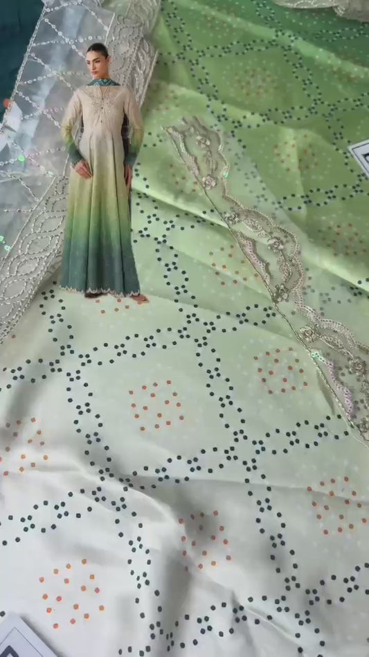 3-Piece Digital Printed Silk Suit in Green with Embroidered Patches & Chiffon Dupatta | Bella's Creation