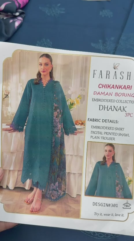 Farisha Pure Navy Dhanak 3PC Heavy Embroidered Suit