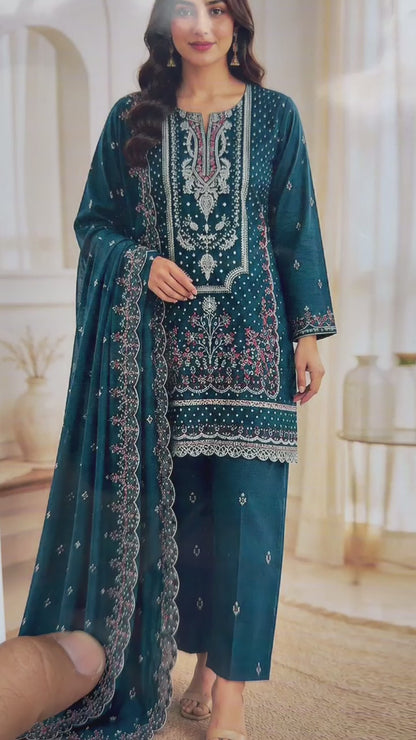 Bareeze 6009 Teal Blue Karandi Embroidered 3-Piece Suit